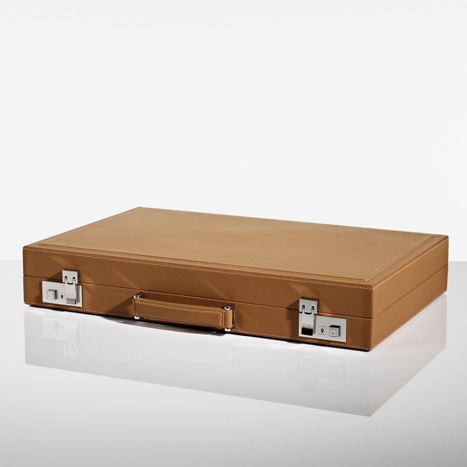 Linley Mayfair Backgammon Game Tan Leather - Closed Box