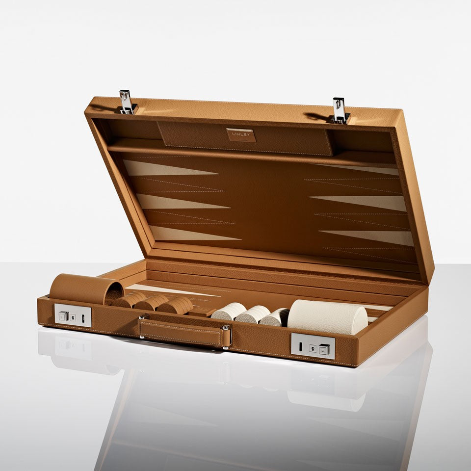 Linley Mayfair Backgammon Game Tan Leather - Open Box